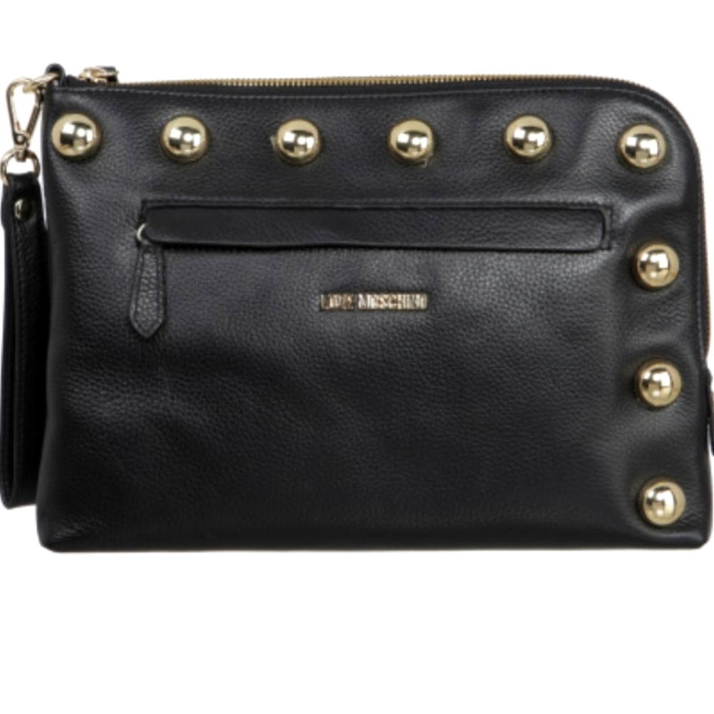Love Moschino Black Leather Pouch Clutch Gold Zipper Studs Sz O/S